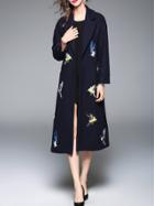 Shein Navy Lapel Birds Embroidered Long Coat