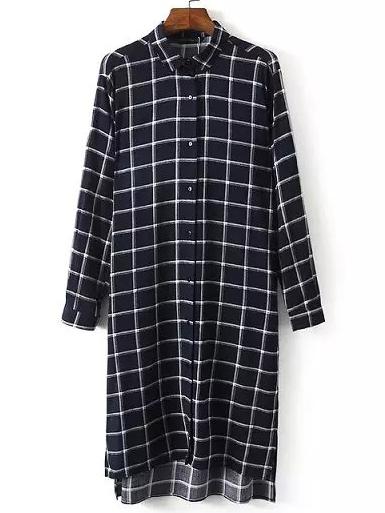 Shein Navy White Lapel Plaid Split Long Blouse