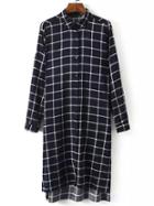 Shein Navy White Lapel Plaid Split Long Blouse
