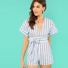 Shein Deep V Neck Self Belted Stripe Romper