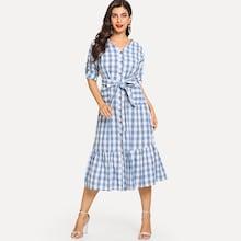 Shein Roll-up Sleeve Ruffle Tie Waist Gingham Dress