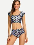 Shein Multicolor Fish Scale Print Crop Rash Guard Swimwear