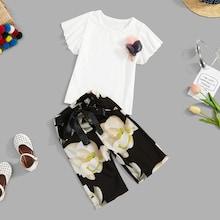Shein Girls Stereo Flowers Tee With Floral Print Pants