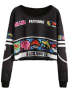 Shein Graphic Print Lattice Detail Crop Sweatshirt