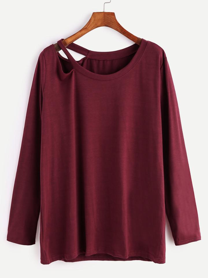 Shein Burgundy Cut Out Neck Loose T-shirt