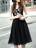 Shein Black V Neck Flowers Sequined Dress
