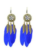 Shein Darkblue Ethnic Style Colorful Feather Long Chandelier Earrings