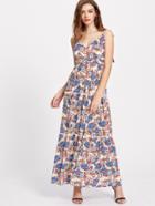 Shein Tropical Print Tie Strap Open Back Pom Pom Lace Detail Dress