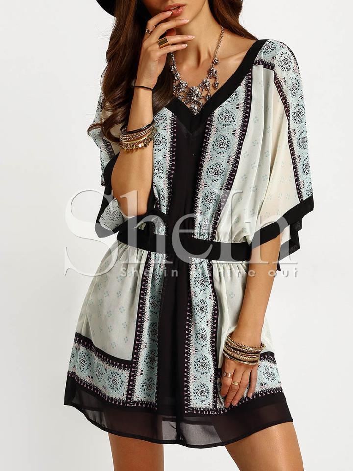 Shein Beige Aztec Print Color Block Trims Dress