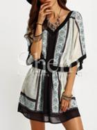 Shein Beige Aztec Print Color Block Trims Dress