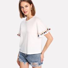 Shein Pompom Detail Sleeve Tee