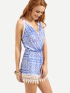 Shein Surplice Front Lace Trimmed Geometric Print Romper - Blue
