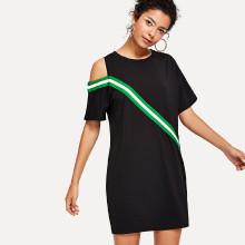 Shein Cut Out Shoulder Striped Tape Dress