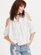Shein White Contrast Collar Open Shoulder High Low Blouse