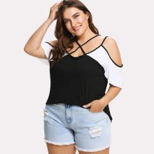 Shein Plus Two Tone Crisscross Cold Shoulder Tee