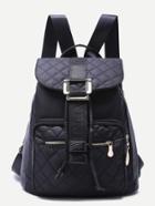 Shein Black Buckled Strap Front Pocket Quilted Nylon Backpack