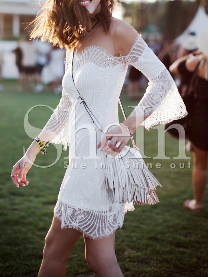 Shein White Eyelash Lace Insert Mesh Shoulder Dress