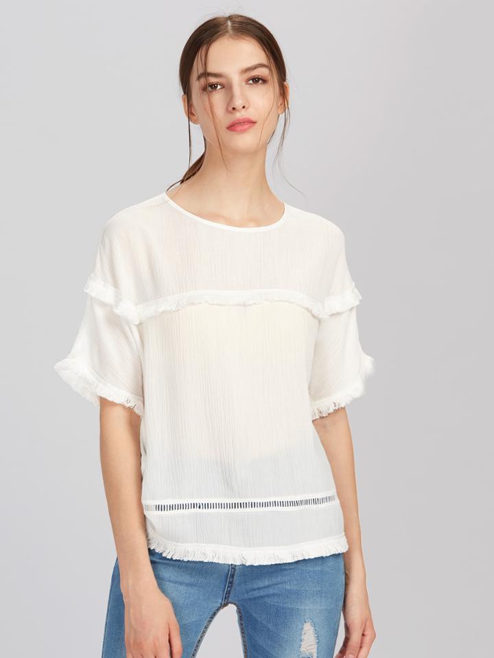 Shein Fringe Lace Trim Crinkle Top