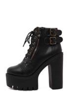 Shein Black Faux Leather Lace Up Side Zipper Buckle Platform Ankle Boots