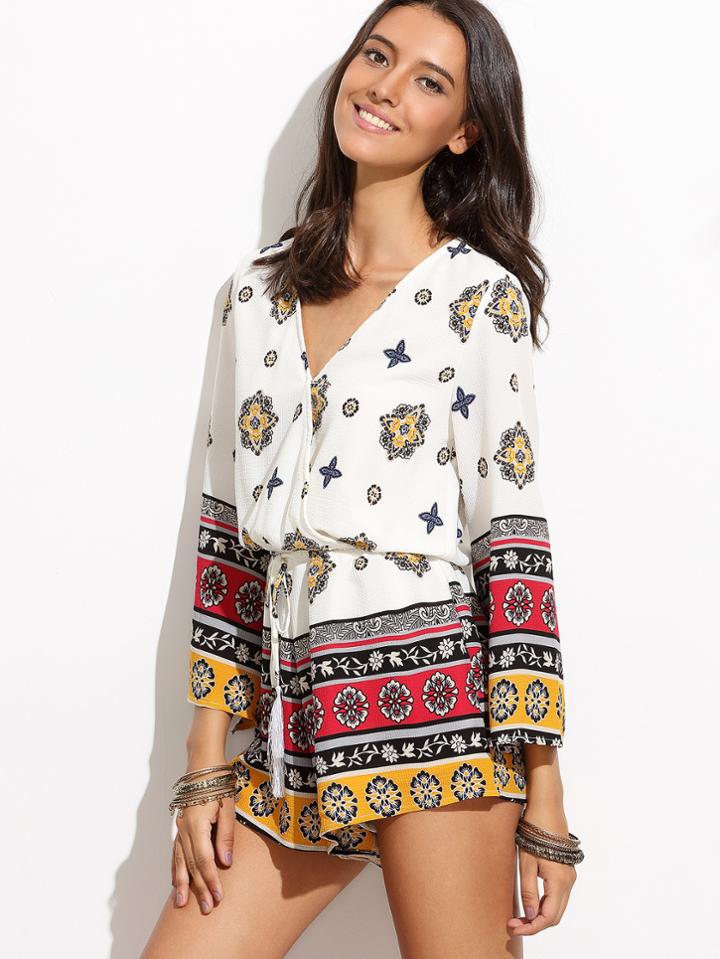 Shein Multicolor V Neck Drawstring Siamese Trousers