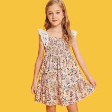 Shein Girls Shirred Panel Ruffle Hem Floral Dress With Lace Strap