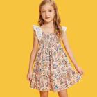 Shein Girls Shirred Panel Ruffle Hem Floral Dress With Lace Strap