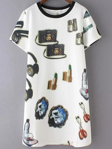 Shein White Round Neck Printed Slim Dress