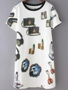 Shein White Round Neck Printed Slim Dress