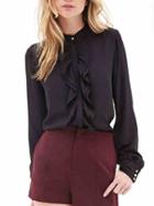 Shein Black Stand Collar Ruffle Chiffon Blouse