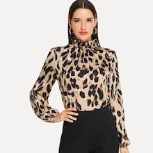 Shein Frilled Collar Keyhole Back Leopard Top