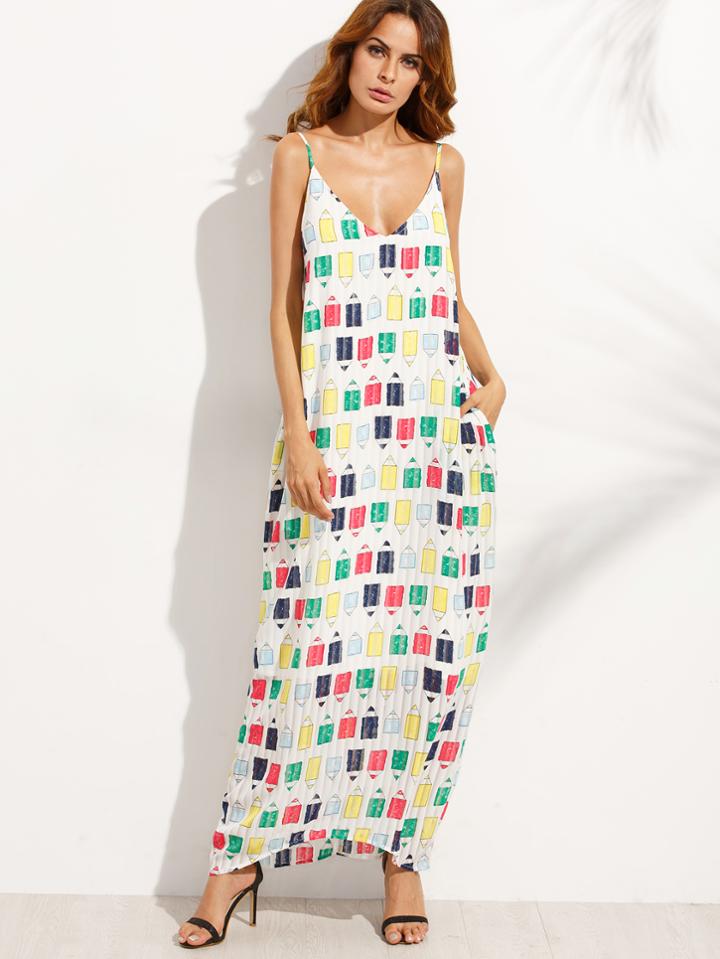 Shein Multicolor Print Spaghetti Strap V Back Maxi Dress
