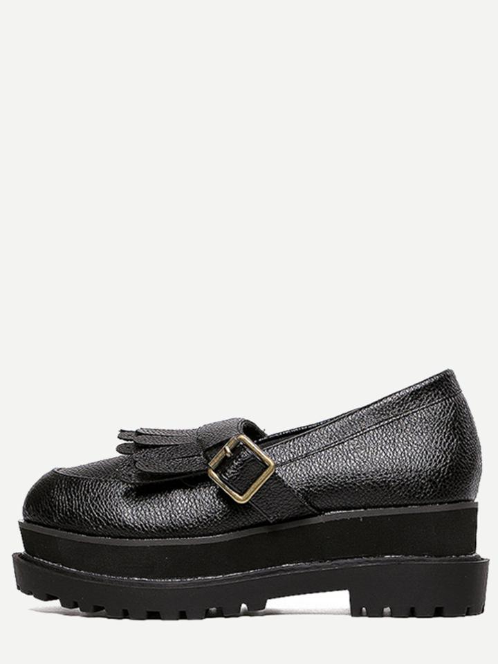 Shein Black Faux Leather Buckle Strap Tassel Wedges