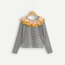 Shein Girls Layered Ruffle Trim Striped Tee