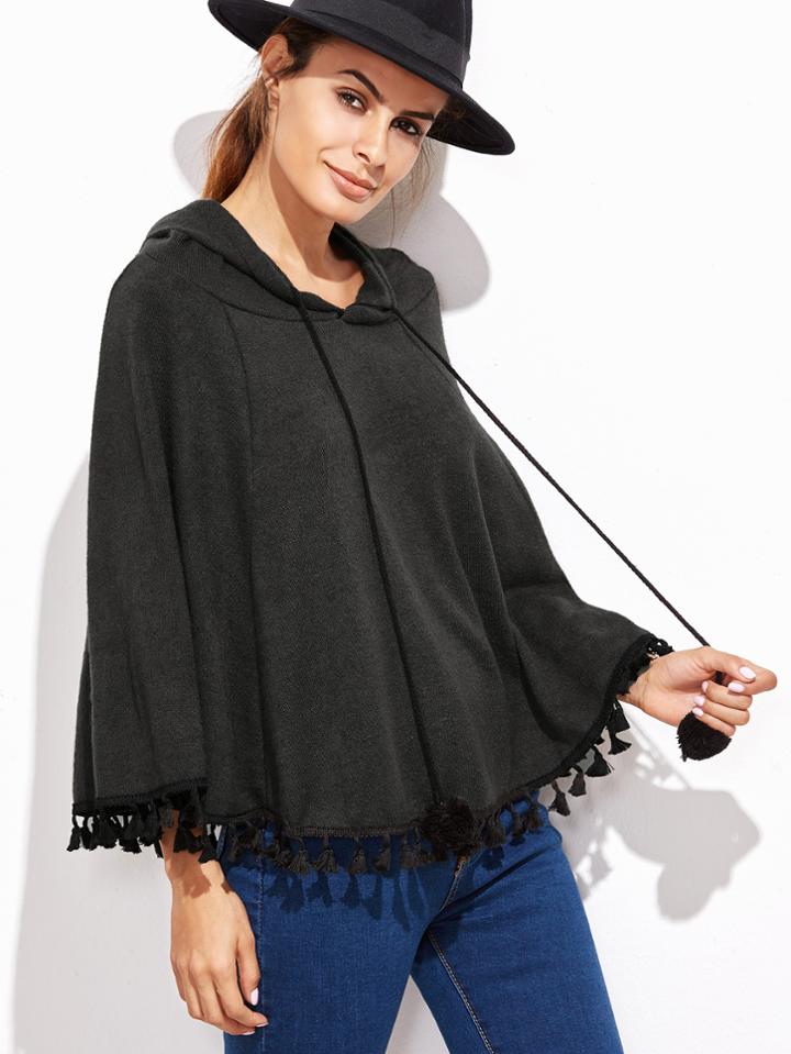 Shein Black Hooded Fringe Hem Poncho Sweater