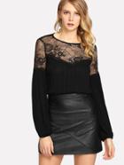 Shein Floral Lace Shoulder Bishop Sleeve Top