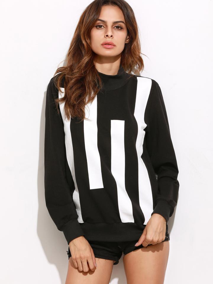 Shein Black And White Stripe Front Pullover Sweatshirt