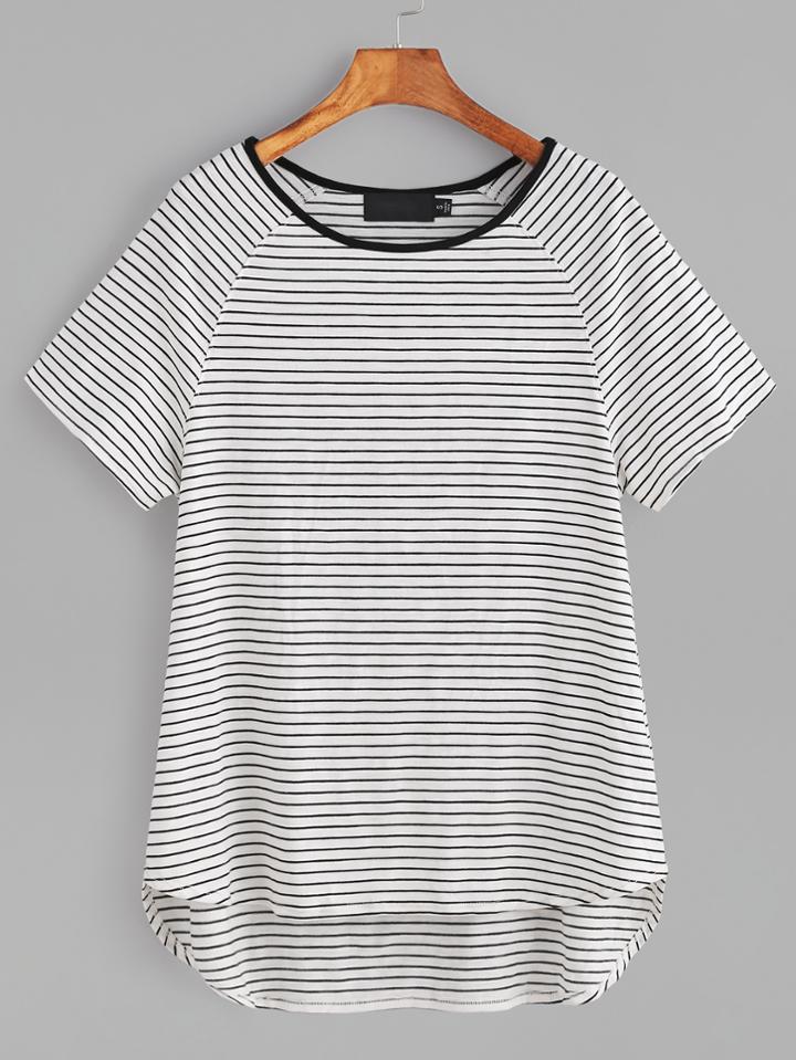 Shein White Striped Contrast Neck Raglan Sleeve High Low T-shirt