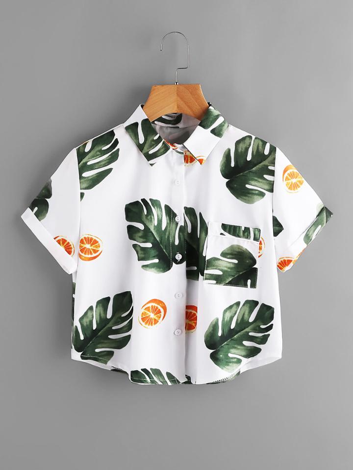 Shein Leaf Print Cuffed Pocket Top