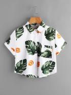 Shein Leaf Print Cuffed Pocket Top