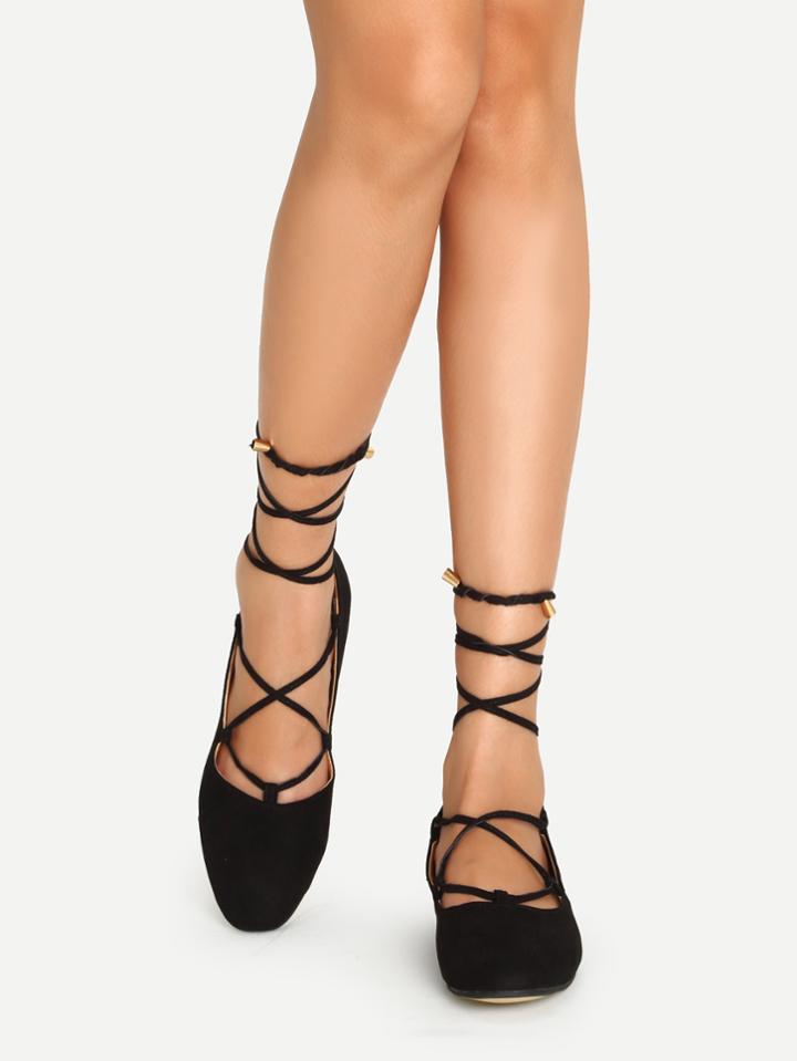 Shein Black Faux Suede Lace Up Flats