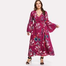Shein Plus Surplice Neck Ruffle Trim Floral Dress