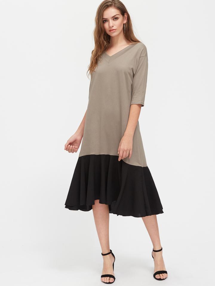 Shein V-neckline Contrast Hem Dress