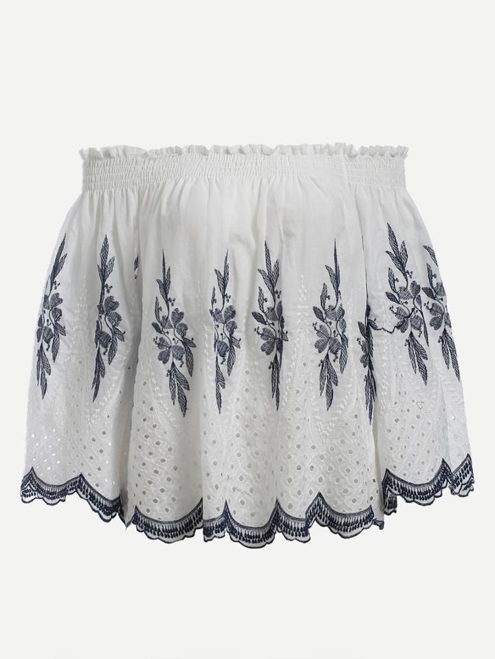 Shein Shirred Off-the-shoulder Embroidered Top - White