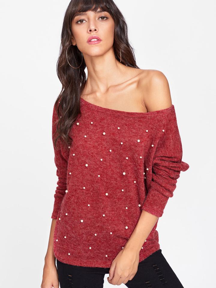 Shein Asymmetric Shoulder Pearl Beaded Sweater