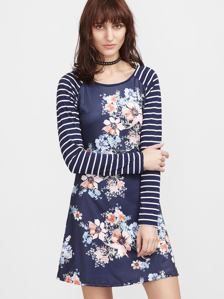 Shein Dark Blue Striped Raglan Sleeve Contrast Floral Dress