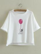 Shein White Roll Cuff Dipped Hem Dog Balloon Print T-shirt