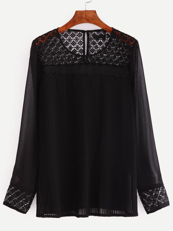 Shein Black Long Sleeve Lace Patchwork Blouse