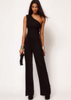 Shein Black One Shoulder Slim Wide Leg Jumpsuit