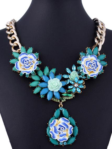 Shein Green Gemstone Flower Gold Chain Necklace