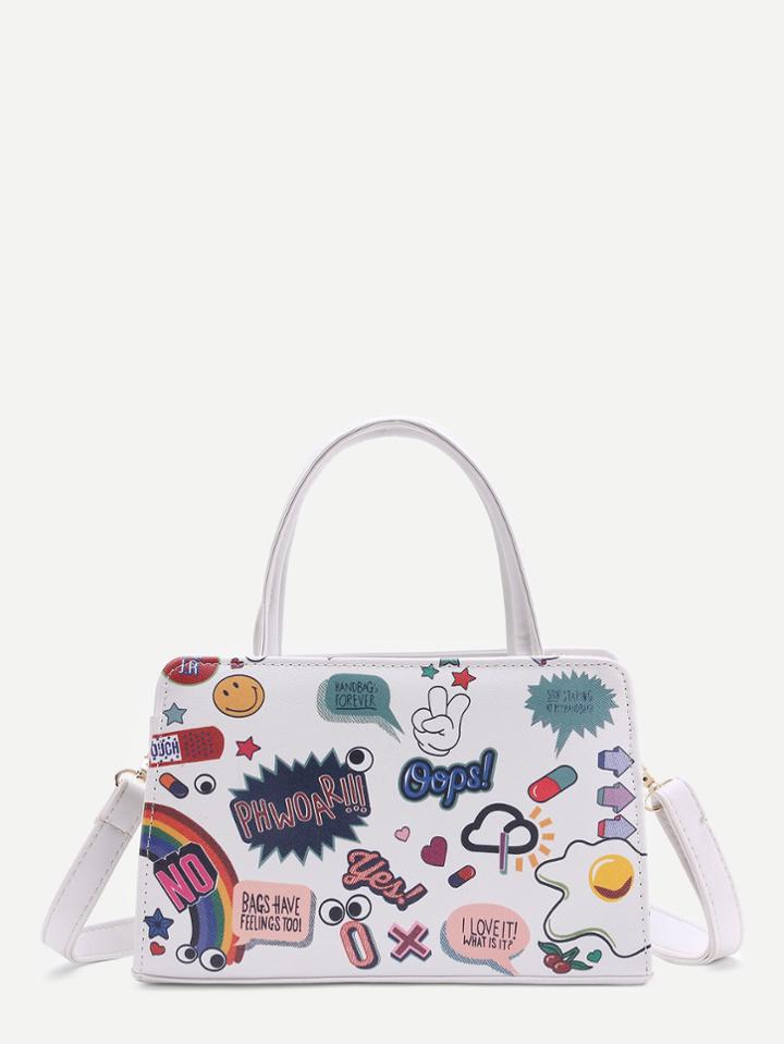 Shein Graffiti Print Pu Shoulder Bag With Handle